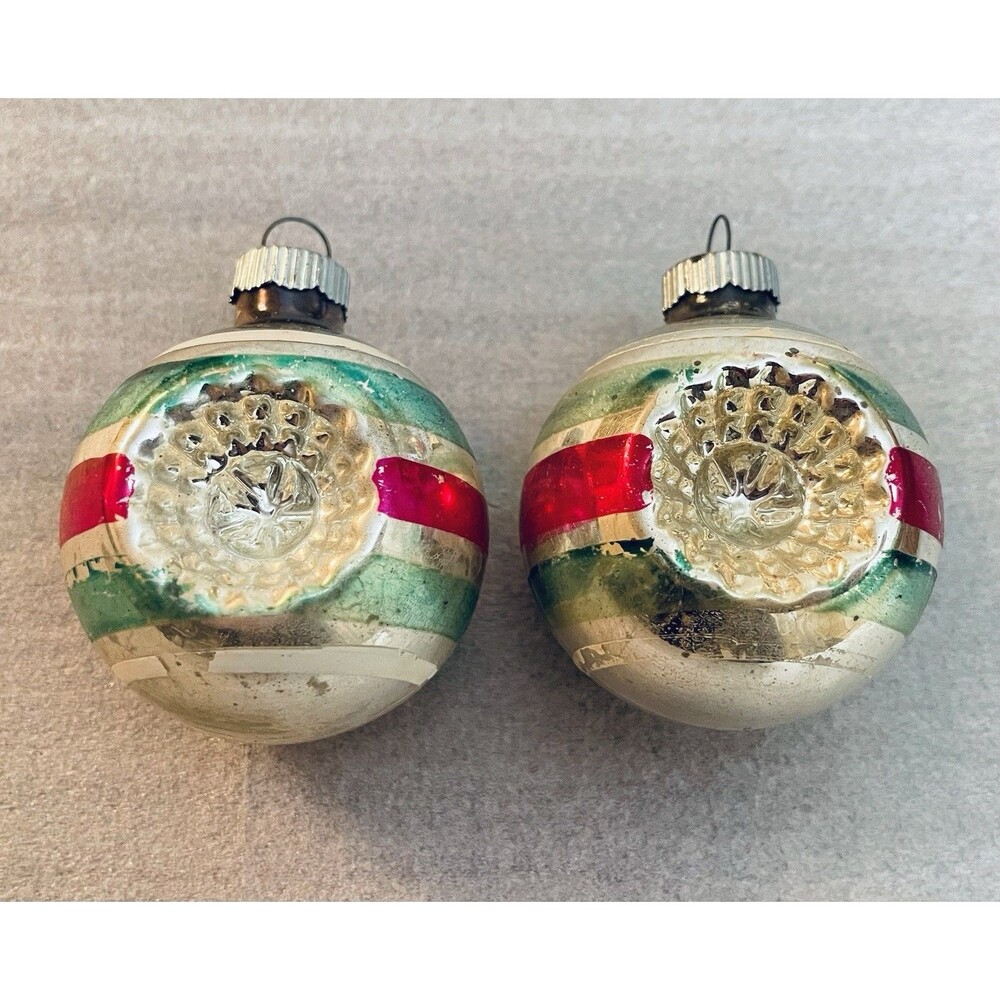 VTG Shiny Brite Double Indent Reflector Ornaments 2" Striped Mercury Glass Lot 2
